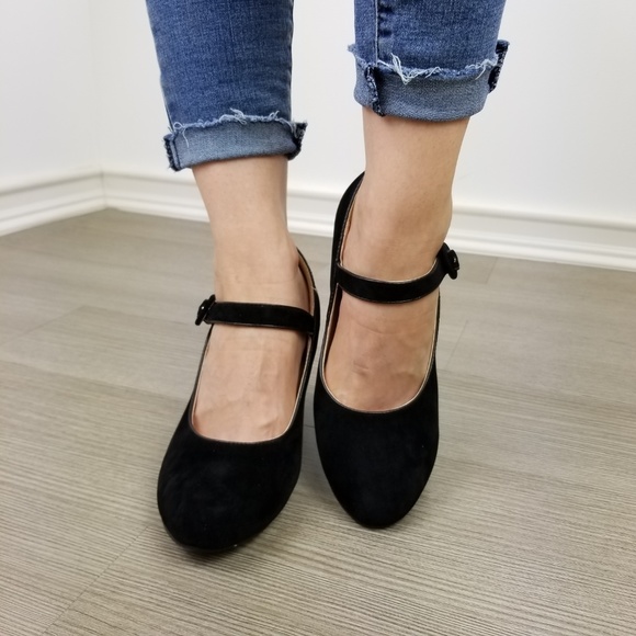 Cute black faux suede chunky heel pumps - Picture 7 of 8